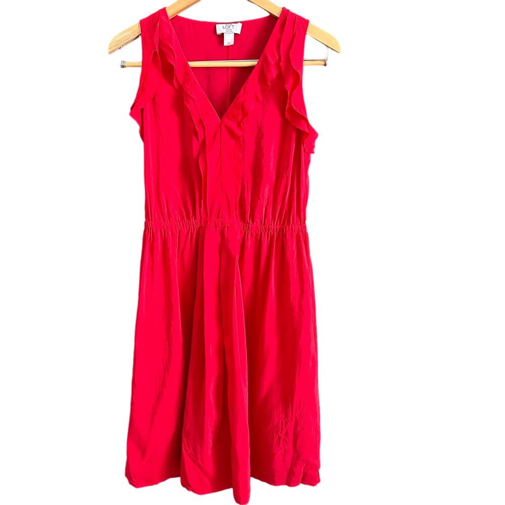 LOFT | Petites Red Silk V Neck Ruffle Trim Sleeveless Dress | Size 6 Petite